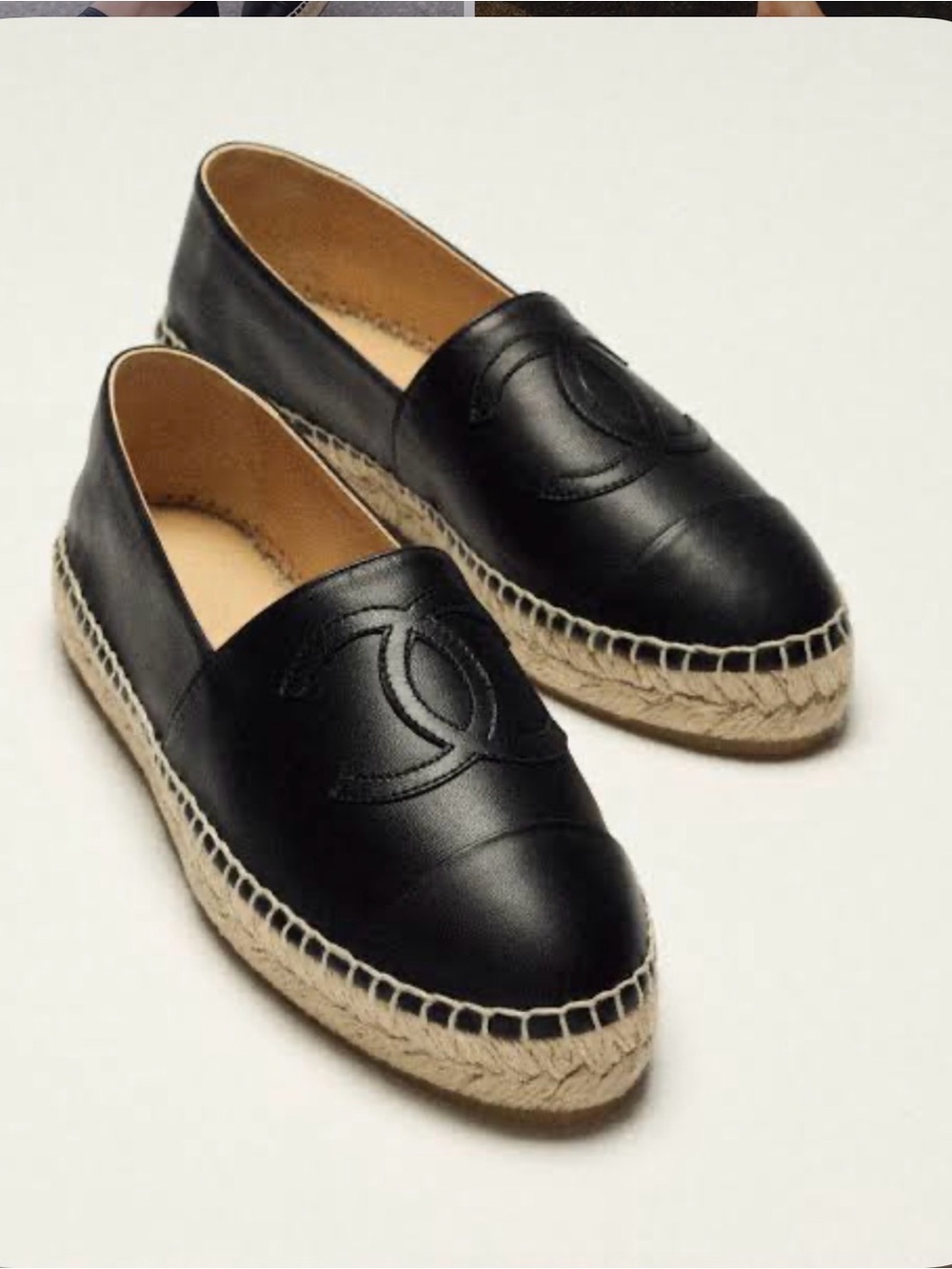 CHANEL Black Leather Espadrilles with Beige Canvas Collar
